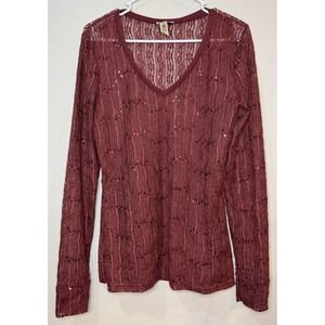 BKE Eased Womens Burgundy Lace Sequin Sheer V-Neck Long Sleeve Top Size L